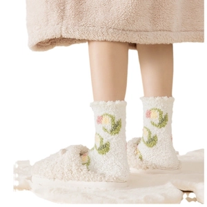 Thick coral fleece socks with tulip floral embroidery for cozy winter home wear