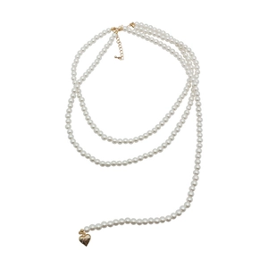 Multi-layer pearl necklace with gold heart pendant and metallic clasp on white background