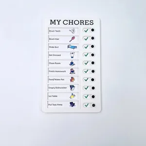 White plastic My Chores daily task checklist with colorful icons and sliding status buttons