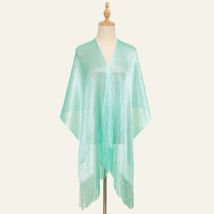 Elegant mint green knit shawl with metallic lurex thread and long tassel fringe
