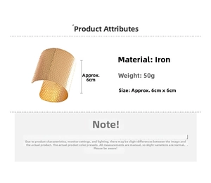 Detailed view of wide golden hammered texture metal cuff bracelet with size and weight specs
