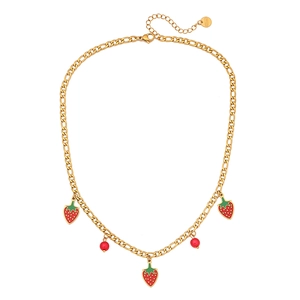 Collier en acier inoxydable doré avec jolis pendentifs fraise et perles rouges sur blanc