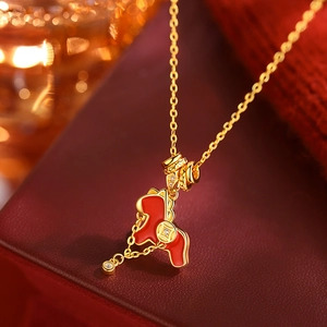 Gold plated horse necklace with red enamel pendant and sparkling zircon stone for women