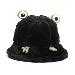Cute black plush frog bucket hat with green eyes and 'Good' embroidery for winter warmth