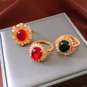 24k gold plated oval pearl open rings with red and green stones in vintage palace style