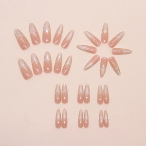 Detailed macro view of almond nails with pink cat-eye gradient and white line details