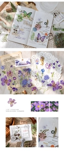 Detail of vintage PET botanical stickers featuring butterflies and flowers for journaling