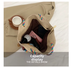 Ethnic straw tote bag showing large capacity for cosmetics and accessories