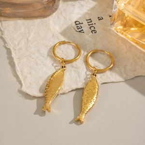 18K gold plated stainless steel fish pendant hoop earrings with textured scale details