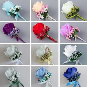 Handmade silk rose boutonniere collection in 12 colors with pearls and ribbons