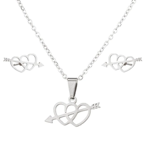 Detail of silver stainless steel jewelry set featuring hollow heart and arrow pendant necklace