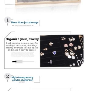 Detail of dustproof solid wood jewelry box with acrylic cover and black velvet slots