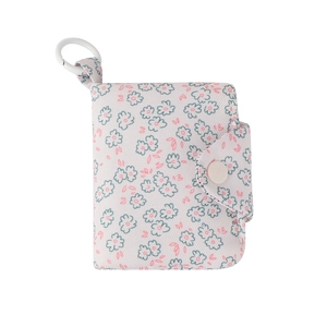 Floral fabric mini storage bag with snap closure and hanging hook on white background