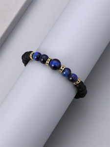 Bracelet pour hommes en œil de tigre bleu 10mm et perles noires mates avec accents dorés