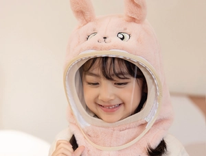 Pink plush rabbit winter hood with integrated clear face shield and ear protection for kids