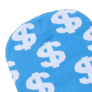 Macro shot of sky blue knit beanie featuring dollar sign pattern and fine stitching