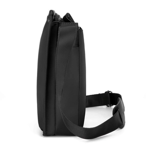 Classic black men's business shoulder bag with durable nylon texture and side profile view