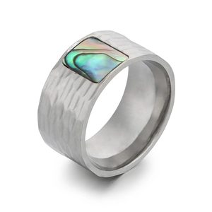 Mens hammered stainless steel ring with a square abalone shell inlay at 45-degree angle