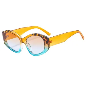 Retro geometric oversized sunglasses with leopard print and orange blue gradient frame