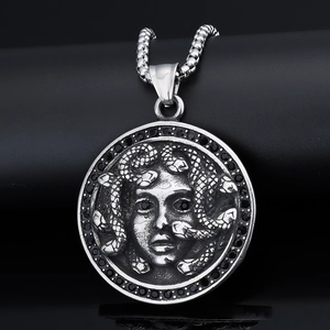 Retro silver Medusa pendant necklace with black rhinestones and steel chain