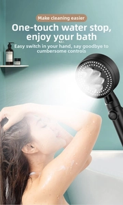 Matte black handheld shower head with a physical stop button and one-key water shutoff