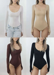 Detail view of cotton U-neck bodysuit showing thumbhole cuffs in white, nude, brown, and black