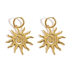 Minimalist gold sun earrings with spiral sunburst design in polished stainless steel