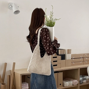 Chic hollow out cotton woven shoulder bag in beige for summer beach and vacation style