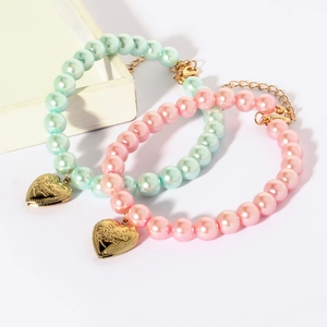 Pink and mint green beaded dog collar with engraved I Love You heart pendant
