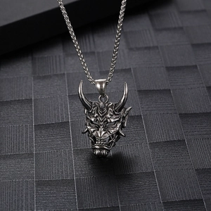Gothic Hannya mask pendant necklace in vintage silver steel for men and women