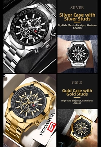 Detail of multi-functional men's quartz watch with tachymeter and luminous tri-dial display