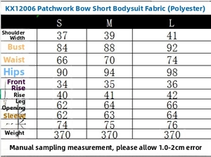 Detailed size chart for lace romper with bow detail including S, M, and L dimensions