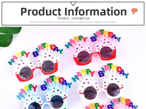 Close-up of colorful cupcake-shaped birthday party glasses with grey tinted lenses