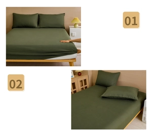 Olive green fitted sheet and pillowcase detail showing elastic edges and soft fabric texture