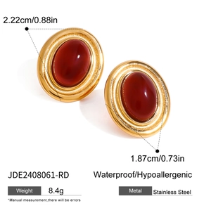 Vintage oval gold stainless steel earrings with red agate and zircon details