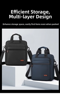 Close-up of high-density nylon men's business bag showing front zipper pocket and logo