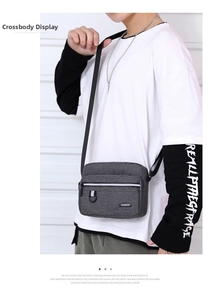 Detail view of grey oxford fabric messenger bag with zipper pocket and adjustable strap