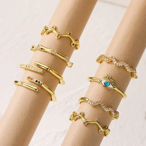 Women Adjustable Open Rings 18K Gold Plated Copper Cubic Zirconia Evil Eye Bamboo Wave Geometric Elegant Jewelry