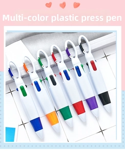 Close-up of portable multi-color retractable pens with unique ring-shaped snap hooks