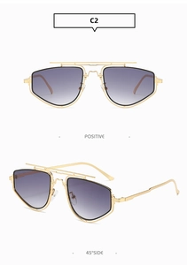 Front and 45-degree angle views of gold metal polygon sunglasses with grey gradient lenses