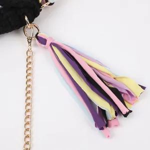 Handmade crochet small square bag with colorful cloth tassels and gold chain strap