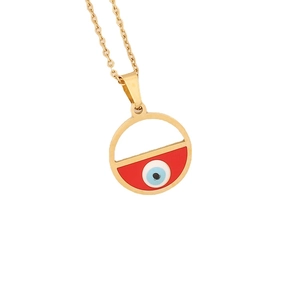 Gold stainless steel necklace featuring a blue evil eye pendant with red enamel detailing