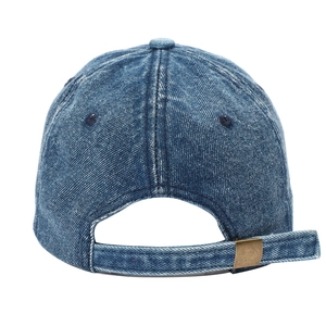 Detail view of the vintage blue denim baseball cap showing the adjustable metal buckle closure