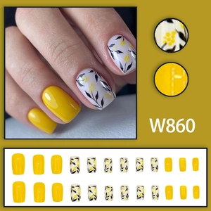 Ginger yellow press-on nails with floral leaf silhouettes in square shape set