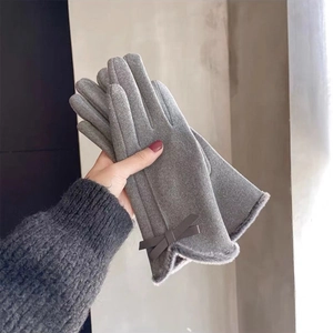 Elegant grey touch screen thermal gloves for women with velvet bow and fur trim details