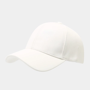 Classic white PU leather baseball cap with matte finish and textured six-panel design