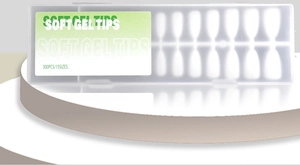 Detail of 300pcs soft gel nail tips set in 15 sizes stored in a clear plastic box
