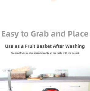 Close-up of a red foldable silicone colander used as a fruit basket for easy kitchen storage