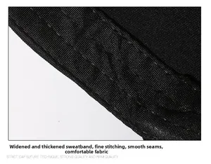 Detail of the widened sweatband and fine stitching on a black cotton baseball cap