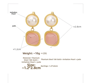 Detail view of 18K gold earrings with white imitation pearls and pink square jade stones